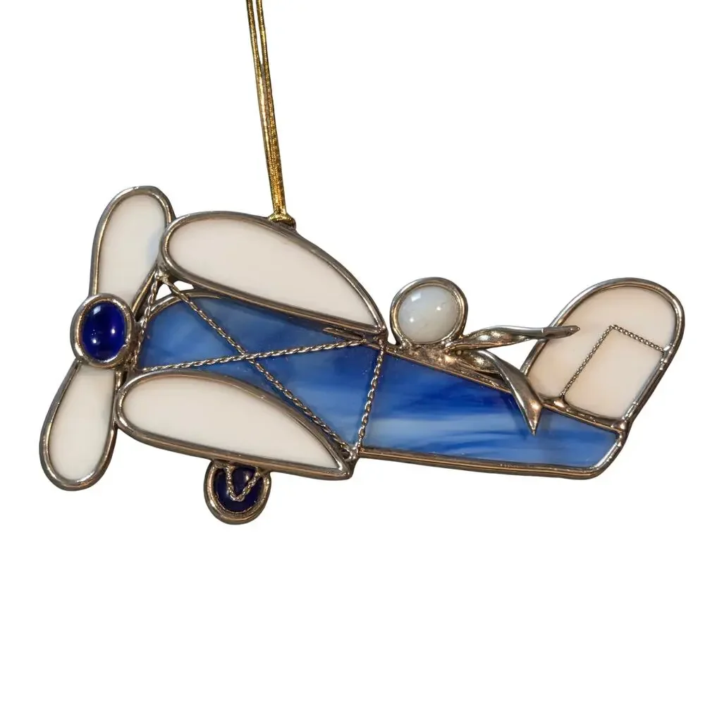 Vintage Stained Glass Biplane Suncatcher Blue White Airplane Window Ornament